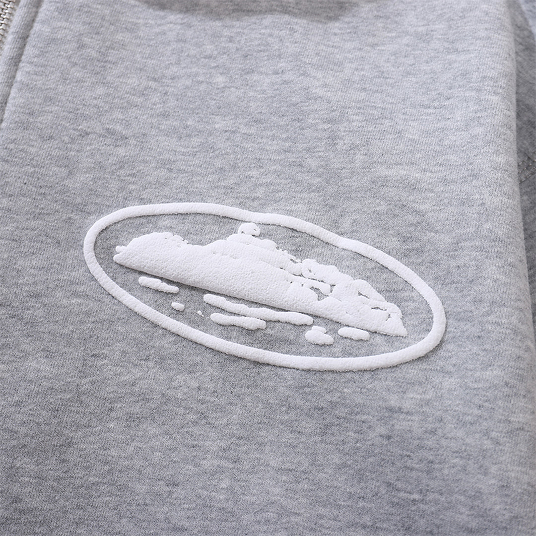 Conjunto Moletom Corteiz Logo Island Tee Cinza
